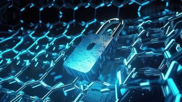 Cyber security concept with closed padlock on hexagons background 3D rendering photo