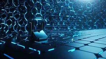 Cyber security concept with closed padlock on hexagons background 3D rendering photo