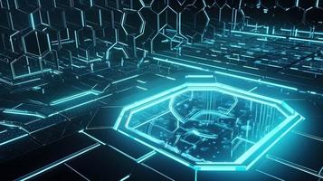 Cyber security concept with closed padlock on hexagons background 3D rendering photo