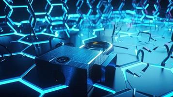 Cyber security concept with closed padlock on hexagons background 3D rendering photo