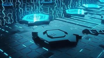 Cyber security concept with closed padlock on hexagons background 3D rendering photo