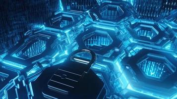 Cyber security concept with closed padlock on hexagons background 3D rendering photo