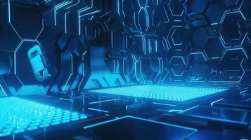 Cyber security concept with closed padlock on hexagons background 3D rendering photo