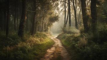 Foggy path through the forest ,Sunset in a dark forest with rays of light passing through the trees photo