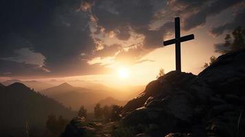 Mountain Majesty Artistic Silhouette of Crucifix Cross Against Sunset Sky photo