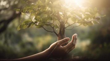 Artistic Hands Embrace Nature's Beauty Holding Tree Over Blurred Background photo