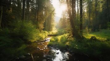 A peaceful forest clearing bathed in warm sunlight, surrounded by tall trees and lush foliage, with a gentle stream trickling through the undergrowth and a distant mountain range visible photo