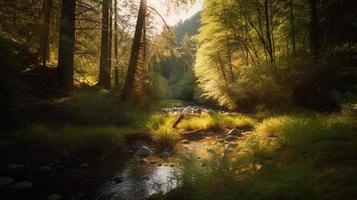 A peaceful forest clearing bathed in warm sunlight, surrounded by tall trees and lush foliage, with a gentle stream trickling through the undergrowth and a distant mountain range visible photo