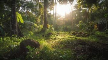 A peaceful forest clearing bathed in warm sunlight, surrounded by tall trees and lush foliage, with a gentle stream trickling through the undergrowth and a distant mountain range visible photo