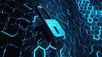 Cyber security concept with closed padlock on hexagons background 3D rendering photo