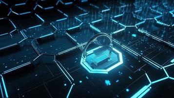 Cyber security concept with closed padlock on hexagons background 3D rendering photo