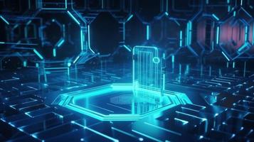 Cyber security concept with closed padlock on hexagons background 3D rendering photo