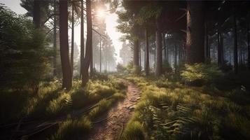 Foggy path through the forest ,Sunset in a dark forest with rays of light passing through the trees photo