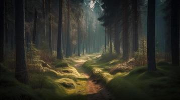 Foggy path through the forest ,Sunset in a dark forest with rays of light passing through the trees photo