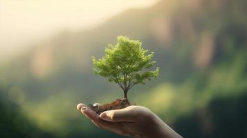 Artistic Hands Embrace Nature's Beauty Holding Tree Over Blurred Background photo