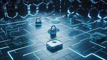 Cyber security concept with closed padlock on hexagons background 3D rendering photo
