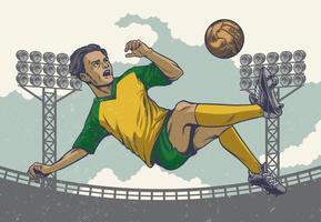 hand drawing soccer player jumping kick in retro style vector