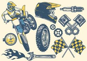 conjunto de motocross objeto en retro mano dibujo estilo vector