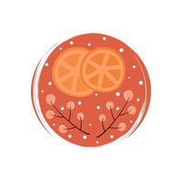 Cute orange slice and branches with red berries icon vector, illustration on circle with brush texture, for social media story and highlights vector