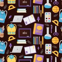 Back to school. Seamless pattern with school items on dark background. Kids collection. Vector Background with educational subjects in flat style.