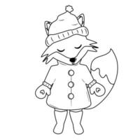 Cute cartoon black and white character fox with winter outfit funny vector illustration for coloring page