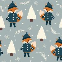 Cute seamless vector pattern background illustration with cartoon character fox, white tree, snowflakes and fir branches