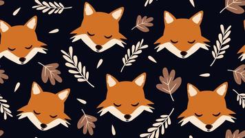 seamless pattern with autumn leaves and cartoon character fox on a dark background vector