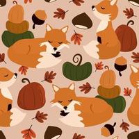 linda resumen otoño otoño temporada sin costura vector modelo antecedentes ilustración con adorable dibujos animados personaje zorro calabazas, hojas, bellotas y castañas