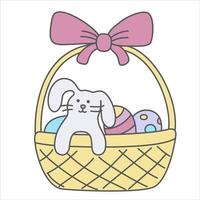 Vector color easter illustration with black line of a  basket with rabbit and eggs.