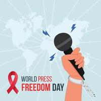 World press freedom day concept. Hand holding a microphone with chain on dark background, symbol of press freedom or speech freedom vector