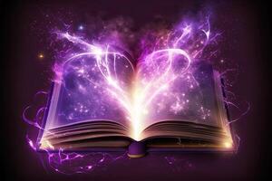 Open magical book with glowing lights over pages on abstract background. Fantasy reading. Created with photo