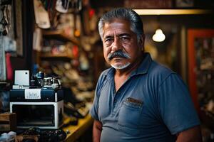 retrato de pequeño negocio dueño. disparo a la cabeza de hombre mirando a cámara con tienda como antecedentes. creado con generativo ai foto