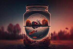 Glass jar with fantasy world inside. Capturing dream concept. Created with photo