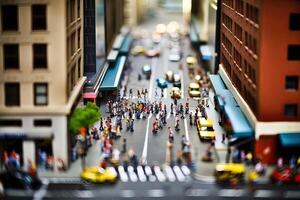 City life with living building facades and people walking at street, aerial view. Urban infrastructure. Model of city street in miniature, tilt shift. Created with photo