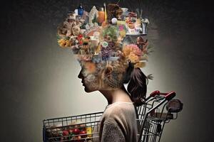 Woman with shopping cart full of different goods. Concept of shopaholism and overconsumption. Female consumer thinking about future purchasing. Created with photo