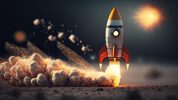 Spaceship takes off. Space shuttle on blur background with . photo