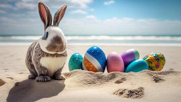 Happy Easter with Easter bunny and colourful easter eggs. photo