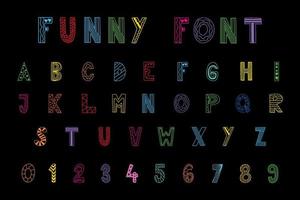 A-Z alphabet letters and 0-9 numbers festive a d funny font vector and illustration