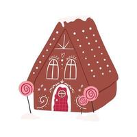 Hand drawn gingerbread house, cartoon flat vector illustration isolated on white background. Cute Christmas element. Gingerbread house with icing windows, doors and decoration.