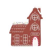 Cute gingerbread house with hand drawn decoration, cartoon flat vector illustration isolated on white background. Gingerbread bakery, Christmas decoration.