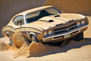 A fast muscle car churns up sand in a desert created with technology. photo