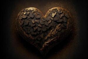 A heart made of charcoal with gold dust and glitter on a black background. illustration. photo