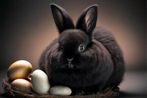 A cute, black rabbit is the symbol of 2023 next to the Easter eggs. illustration. photo