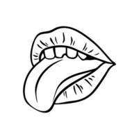 Contour of  lips in retro pop art style. Mouth with tongue and teeth . Vector contour illustration.