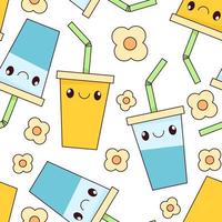 Seamless pattern kawaii bubble tea and flowers vector