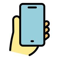 Hand holding mobile phone icon vector flat