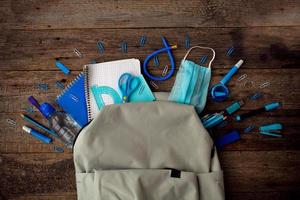 Backpack with school supplies and medical mask on wooden background. View from above. photo