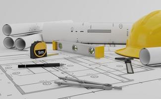 Blueprints architectural flat project plan and office supplies on decorator white table workspace with swatches tools and equipment.3D rendering photo