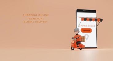 en línea tienda logístico motocicleta entrega con teléfono inteligente compras en línea.3d representación foto