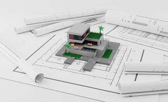 un modelo casa en planos con equipo arquitecto.3d representación foto